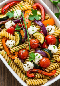 Fusillis aux légumes et fromage en grains