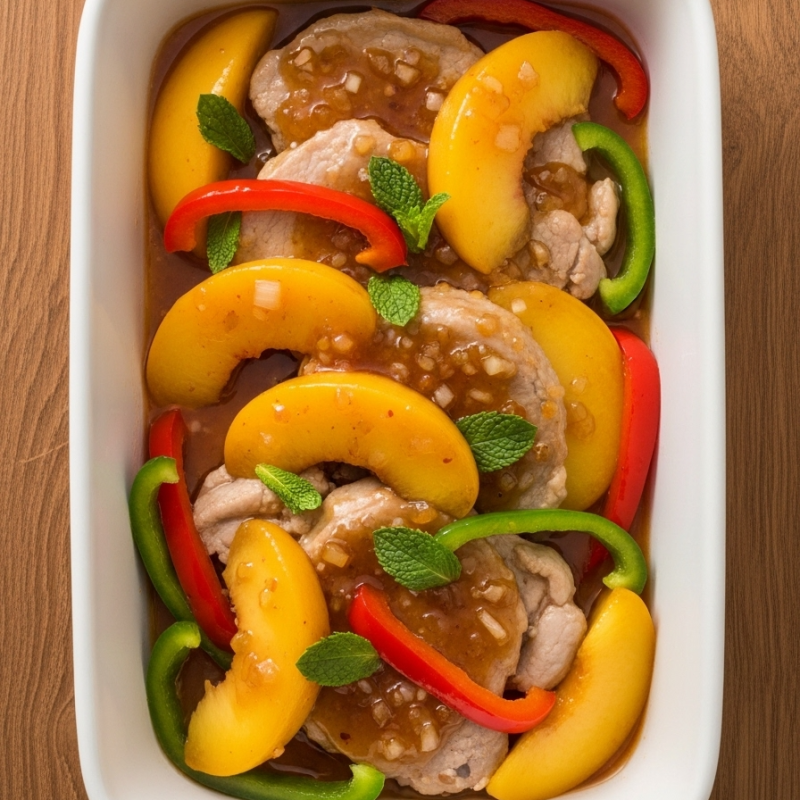 Porc aux pêches – 300 g (1 portion)