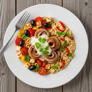 Rosettes de porc, jambon, halloumi, poivrons, oignons, tomates dijonnaise 300 g (1 portion)