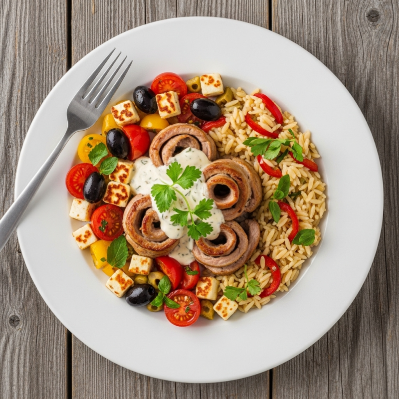 Extra Rosettes de porc, jambon, halloumi, poivrons, oignons, tomates dijonnaise 300 g (1 portion)