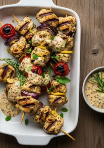 Brochettes de poulet marinés tomates, dijonnaise – 300 g (1 portion)