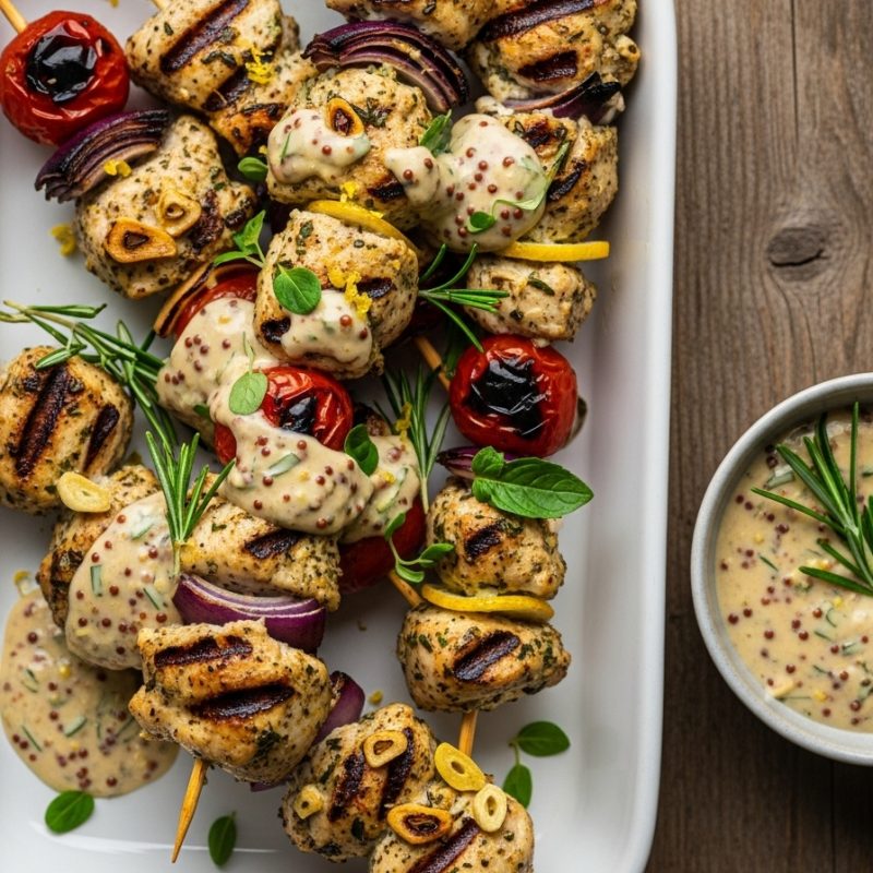 Brochettes de poulet marinés tomates, dijonnaise – 300 g (1 portion)